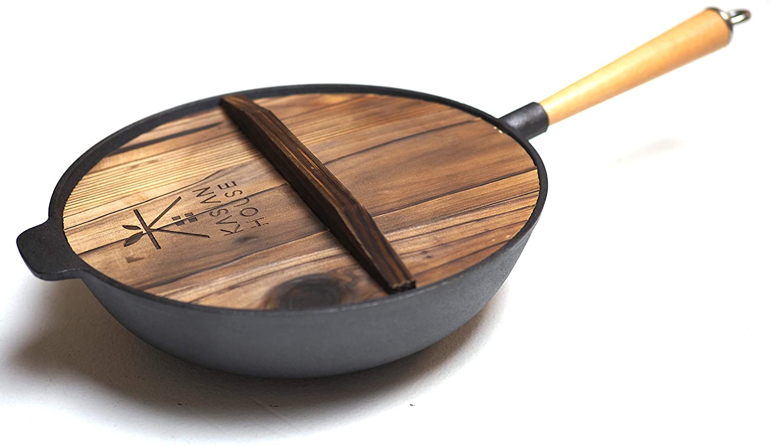 Kasian House Cast Iron Wok with Wooden Handle and Lid