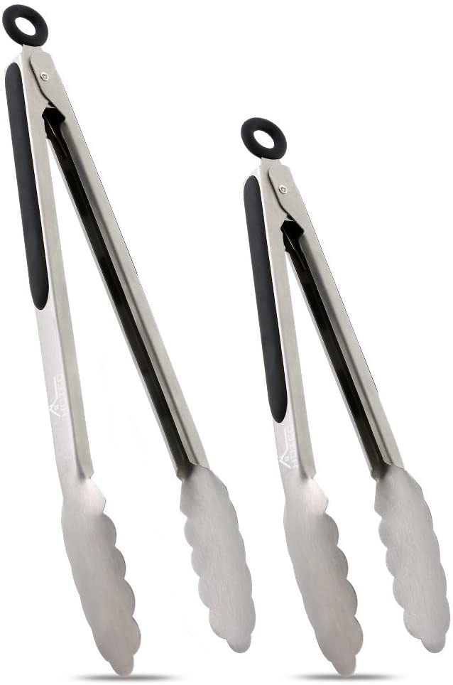 Hotec pair of stainless steel scalloped tongs are excellent for cast iron cookware